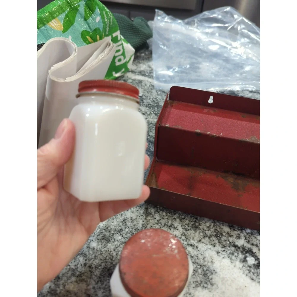 Vintage McKee Cornucopia Milk Glass Jar Spice Set With Rack